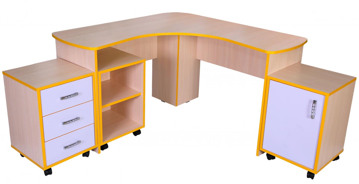 Письмовий стіл кутовий, з 3-ма приставними тумбами на коліщатках, матеріал корпусу - ЛДСП, АЛМАНТ, 1300х1300х750 мм.